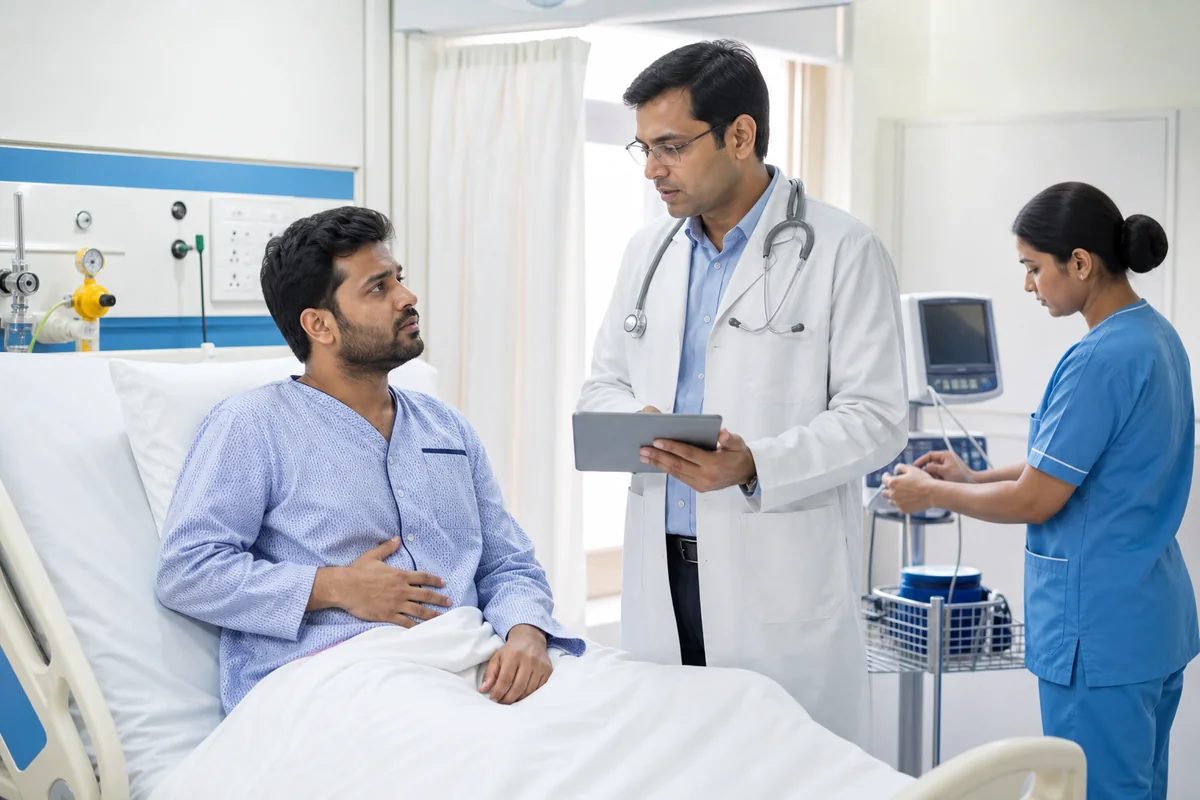 Hospital team assessing an adult patient with severe upper abdominal pain from suspected acute pancreatitis