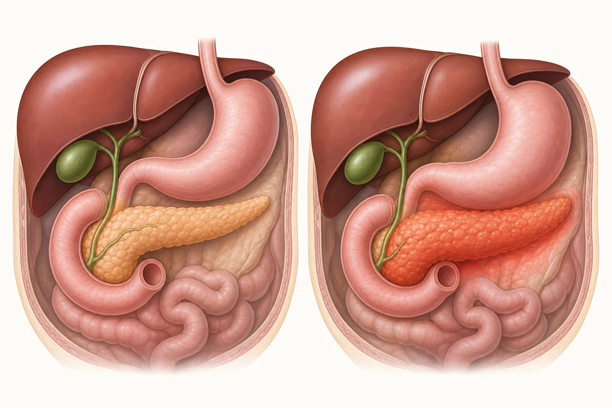Schematic comparison of a healthy pancreas and an inflamed pancreas in acute pancreatitis