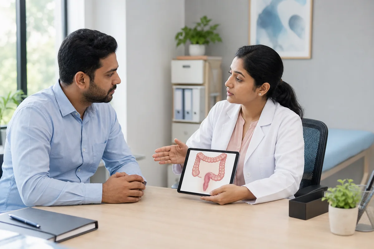 Surgeon discussing anal fissure assessment and treatment with an adult patient
