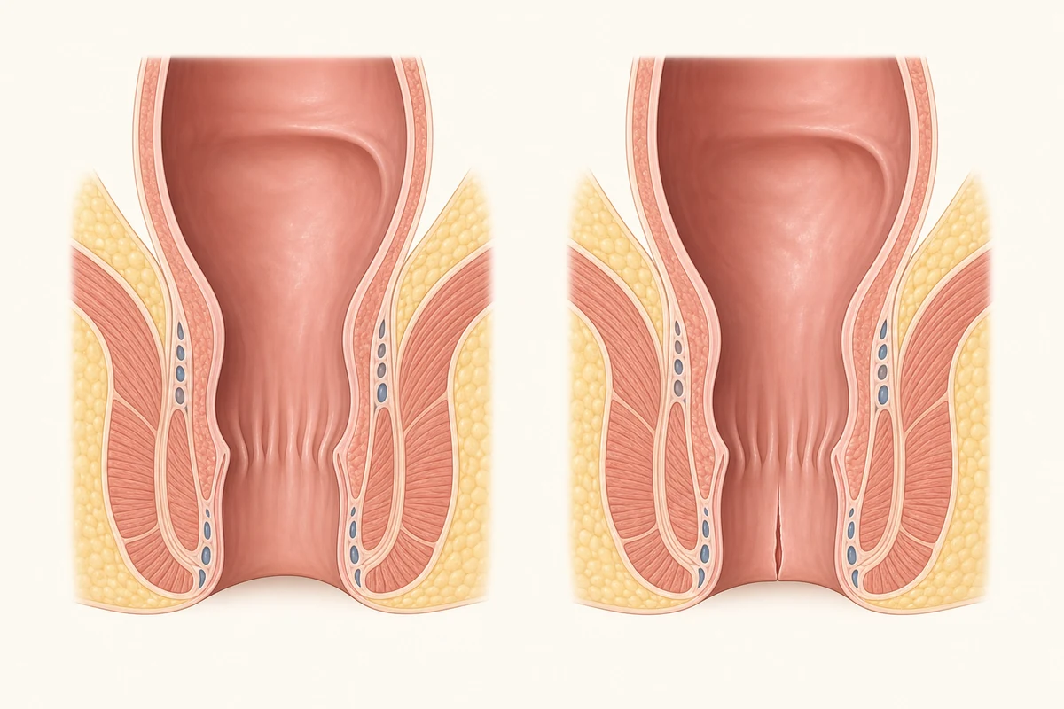 Healthy anal canal compared with an anal canal containing a small midline fissure