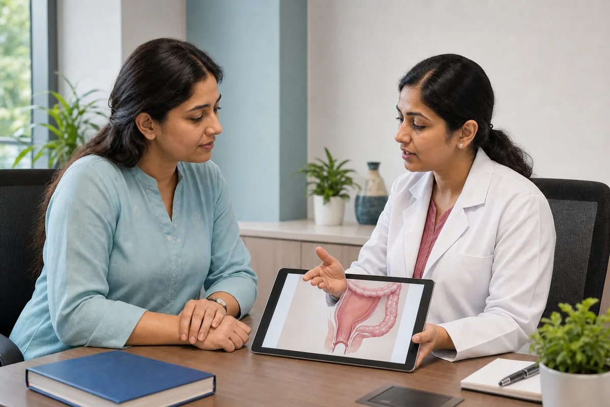 Surgeon discussing anal fistula assessment and treatment planning with an adult patient