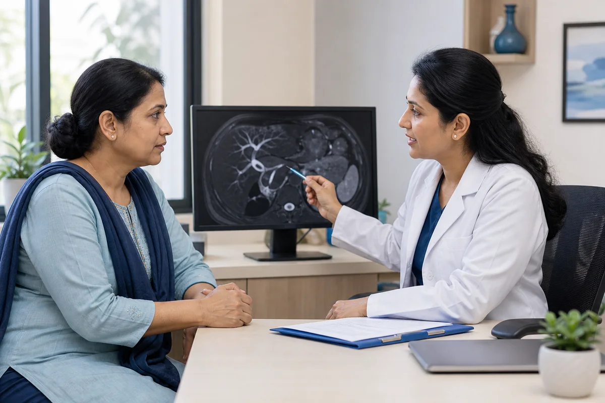 Consultation explaining diagnostic imaging for suspected common bile-duct stones