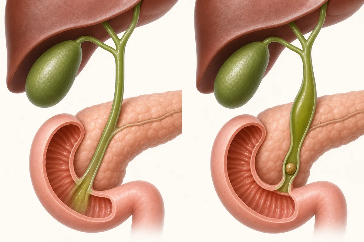 Simplified comparison of an unobstructed common bile duct and a stone blocking the distal common bile duct
