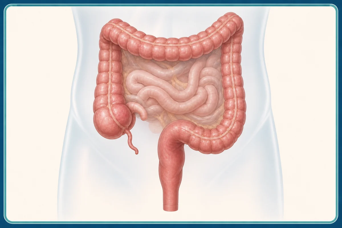 Medical illustration showing the colon, rectum, caecum and appendix