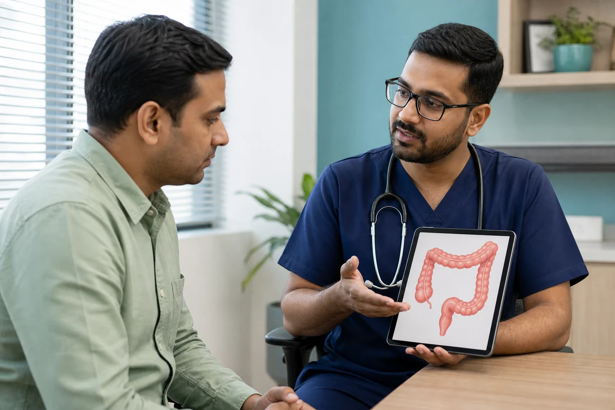 Fictional clinician explaining colorectal anatomy during a private surgical consultation