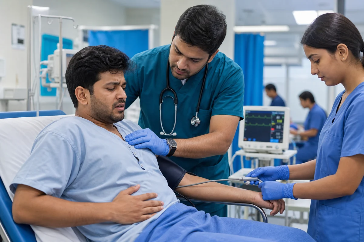 Fictional hospital team carrying out urgent assessment for severe abdominal symptoms