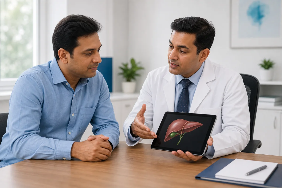 Surgeon discussing gallstone treatment and gallbladder surgery with an adult patient