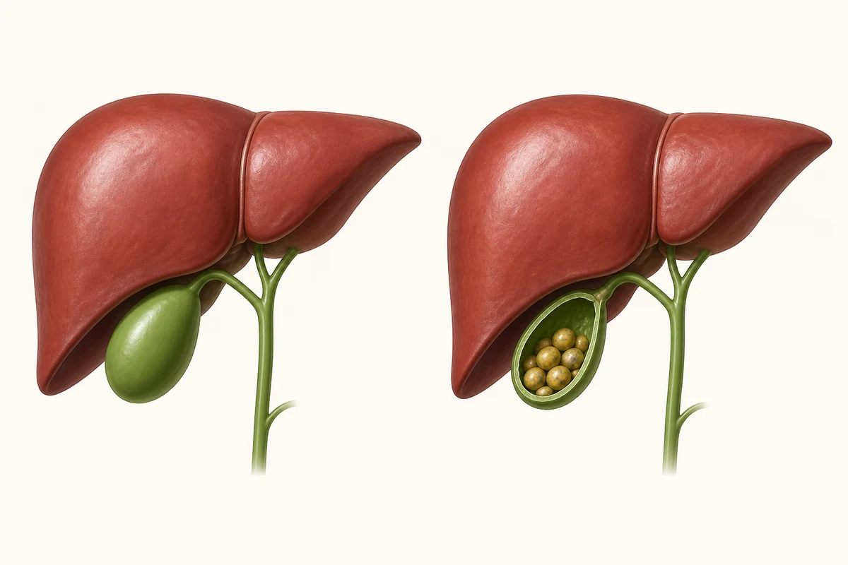 Healthy gallbladder compared with a gallbladder containing gallstones