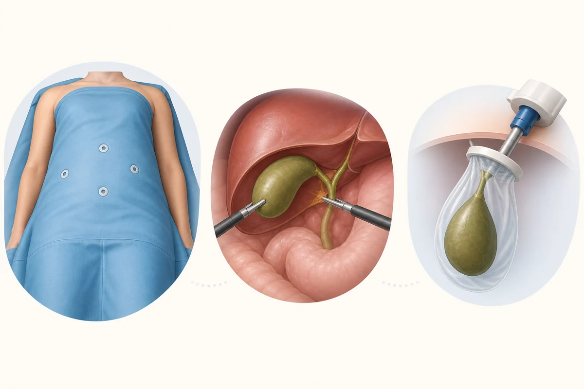 Illustration of laparoscopic cholecystectomy planning, gallbladder dissection and specimen retrieval