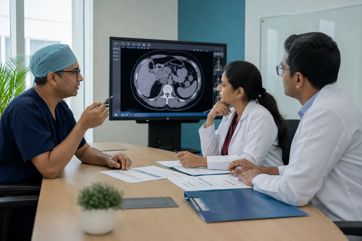 Fictional multidisciplinary clinical team reviewing abdominal imaging for gastrointestinal cancer care planning