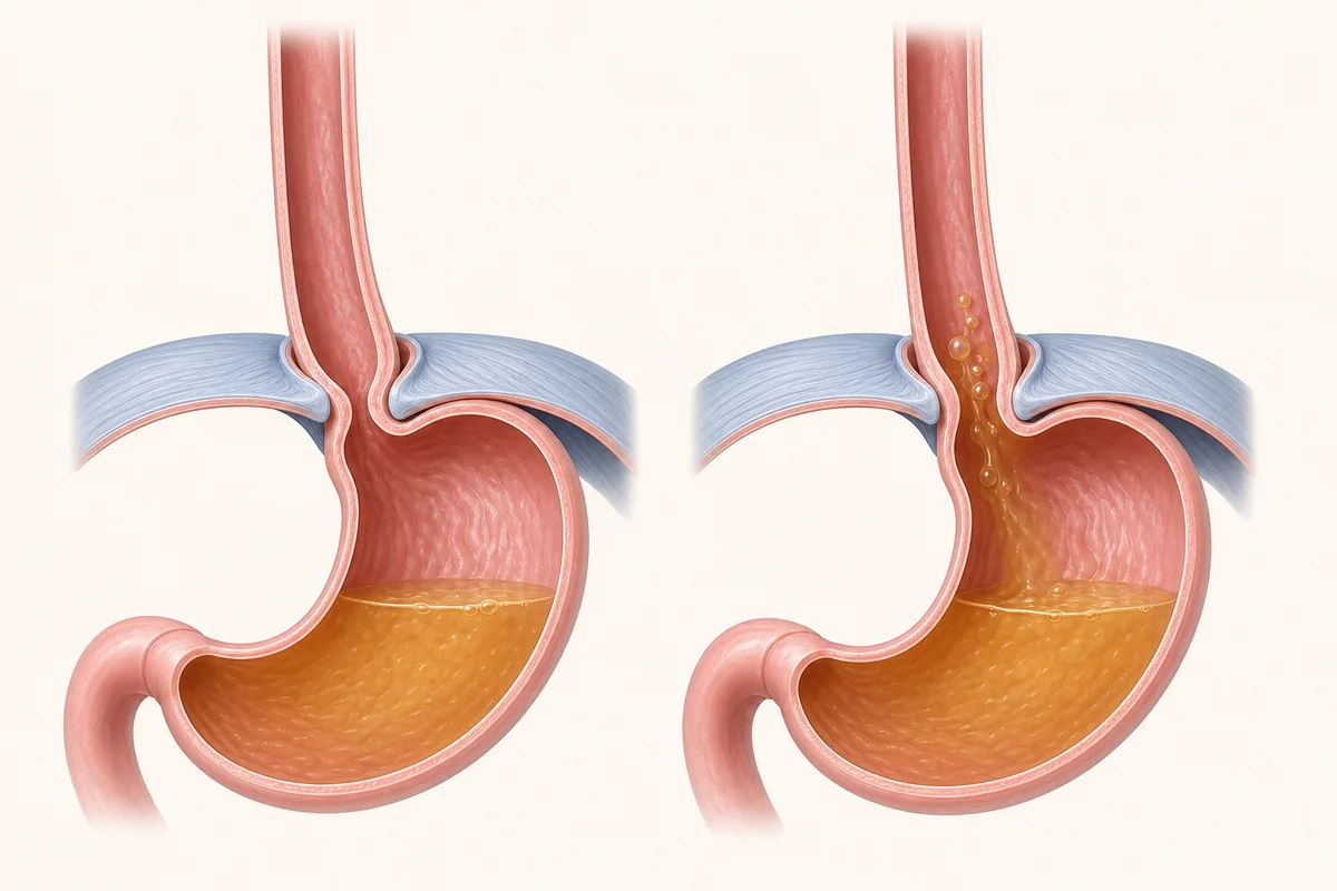 Simplified comparison of normal gastro-oesophageal function and stomach contents refluxing into the oesophagus