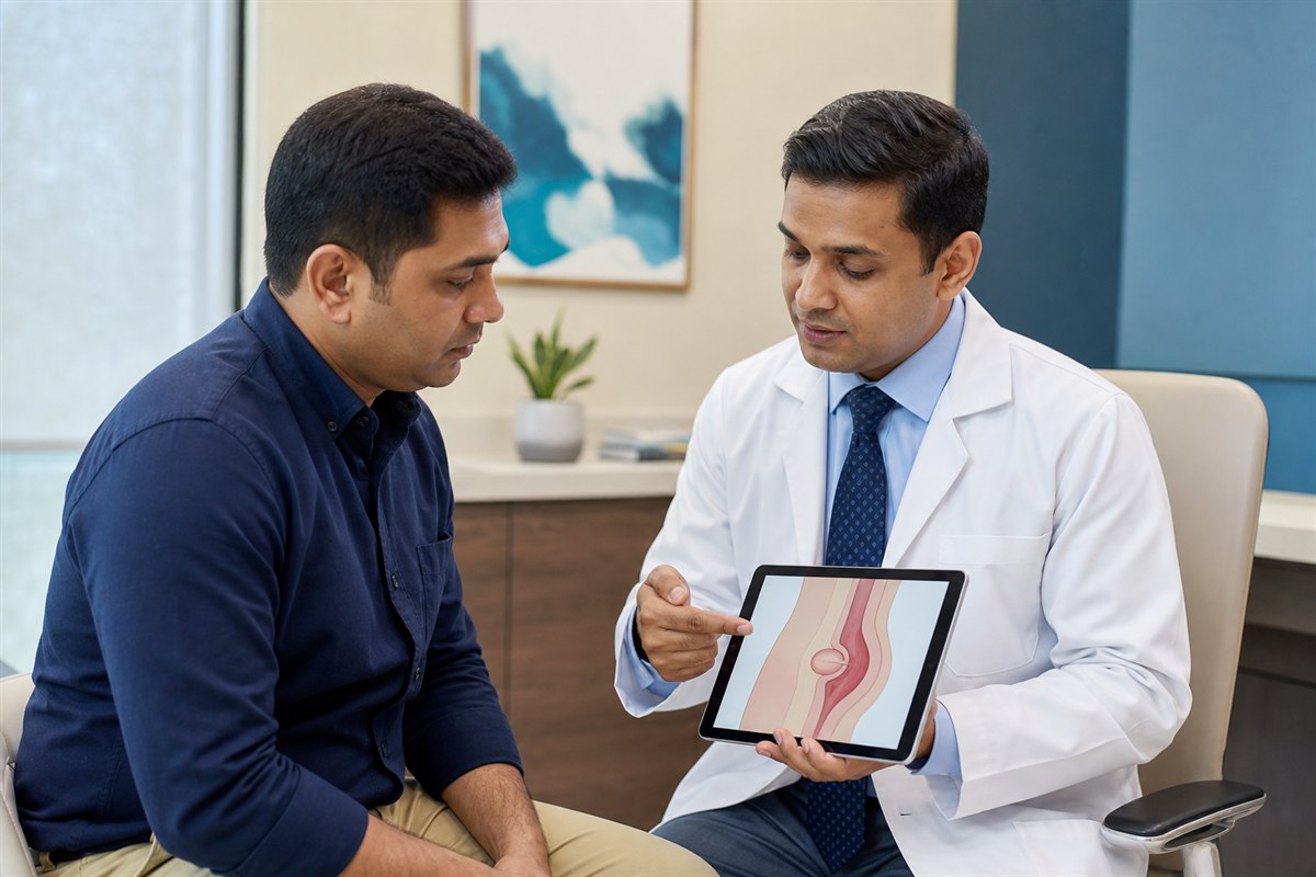 Illustrative hernia consultation between a surgeon and an adult patient