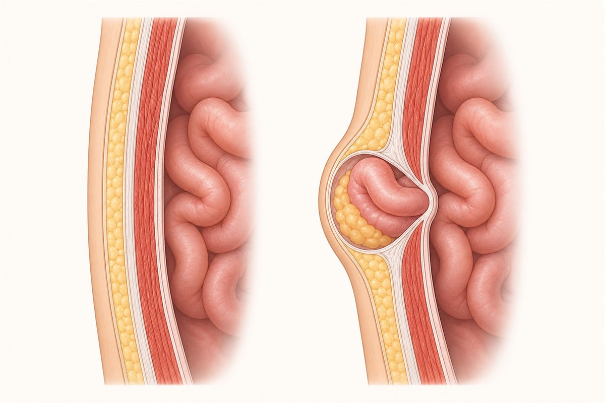 Medical illustration comparing an intact abdominal wall with a hernia protruding through a weakness