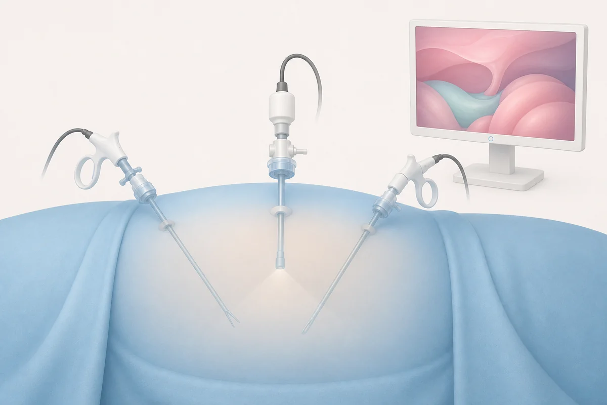 Conceptual illustration of three laparoscopic access ports and a camera monitor