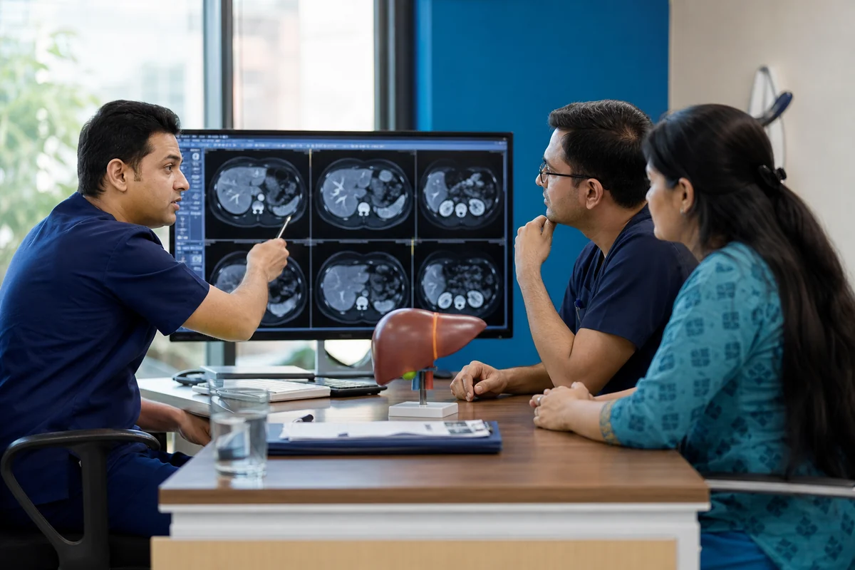 Fictional multidisciplinary team reviewing liver imaging and an anatomical model