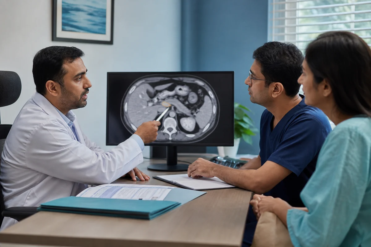 Fictional multidisciplinary team reviewing pancreatic imaging with a patient