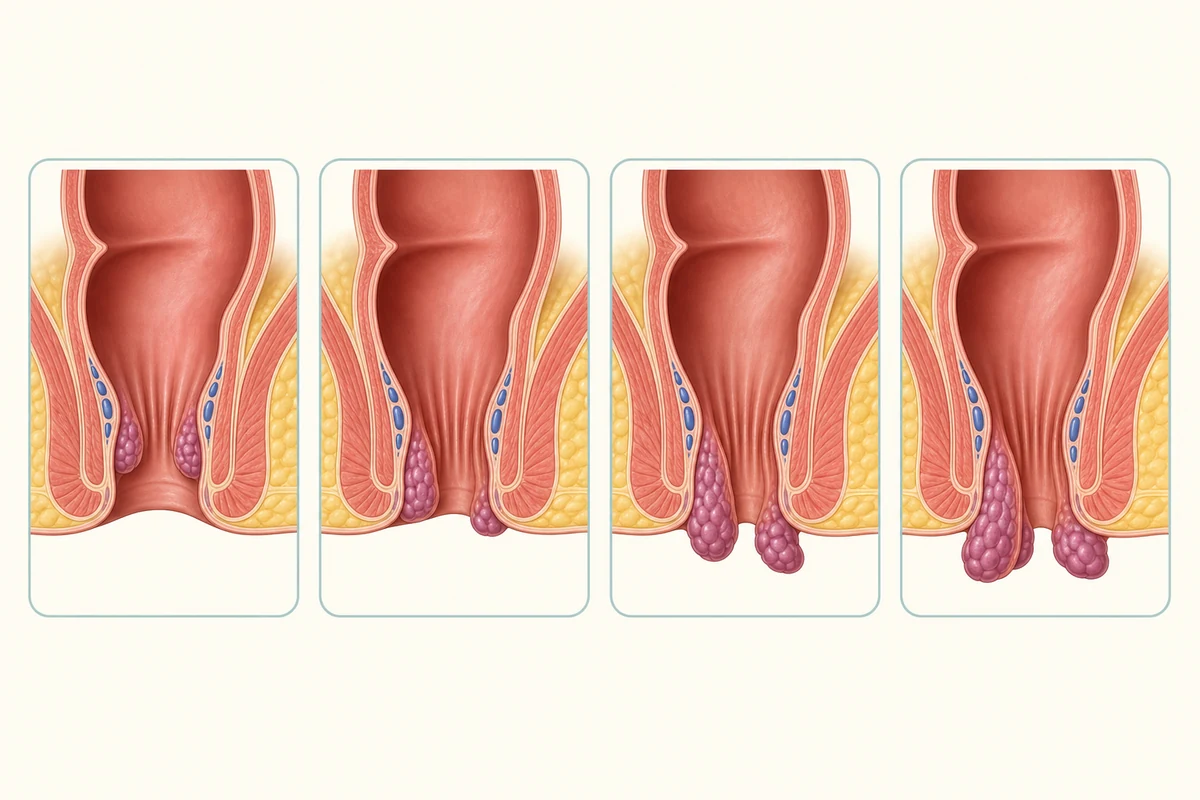 Four-panel illustration showing Grade I to Grade IV internal haemorrhoid prolapse