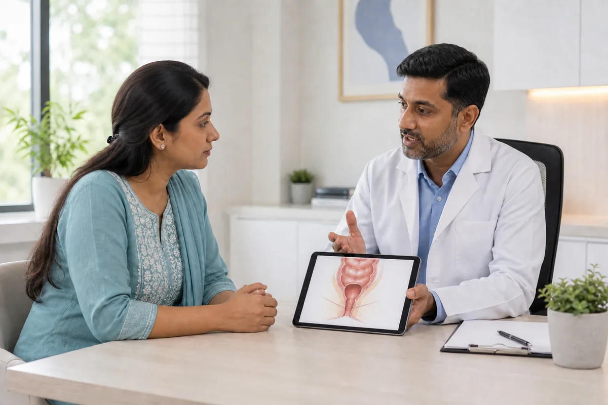 Surgeon discussing piles treatment and anorectal assessment with an adult patient