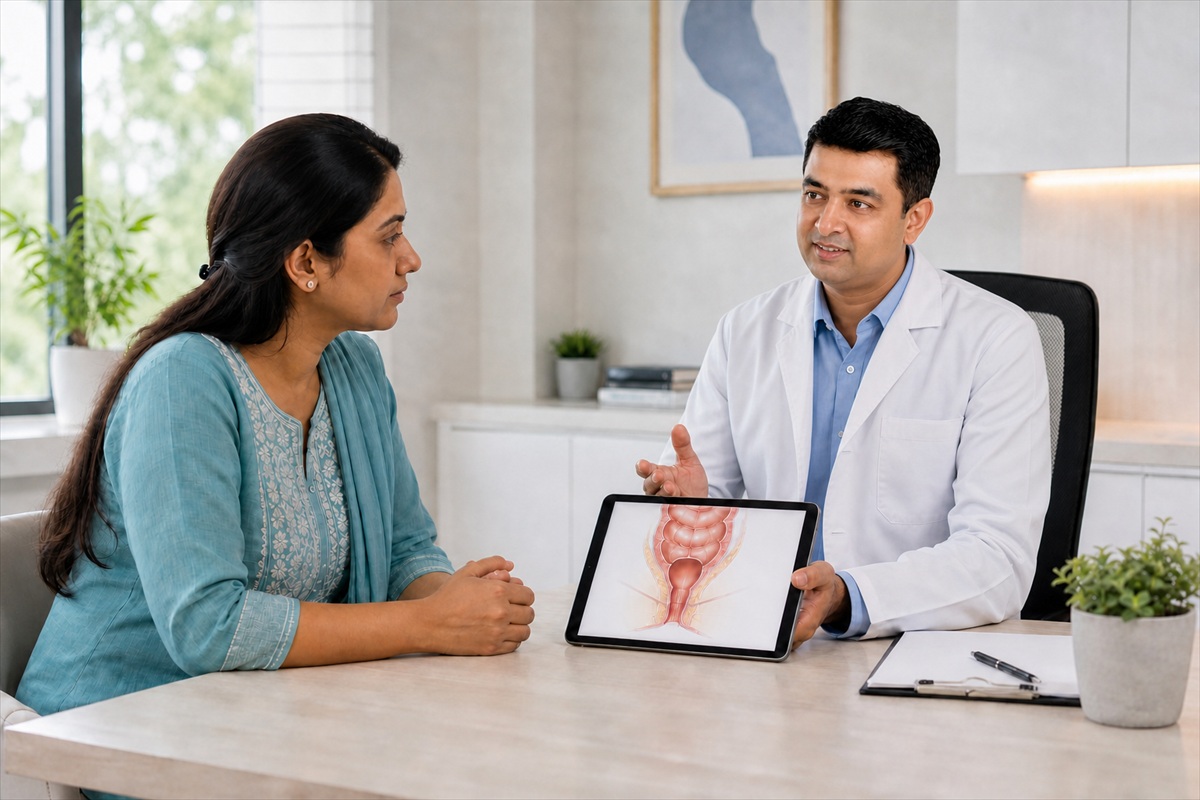 Dr. Himanshu Yadav discussing piles symptoms and treatment choices with an adult patient