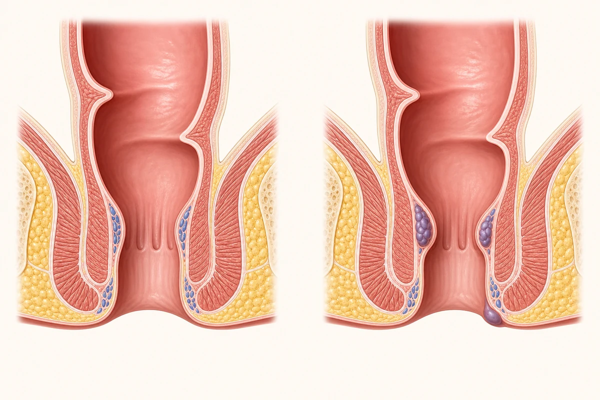 Normal anal canal compared with internal and external haemorrhoids
