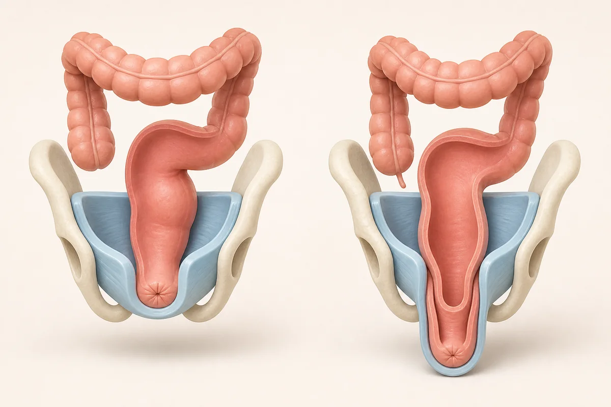 Simplified comparison of normal rectal support and downward rectal descent in rectal prolapse